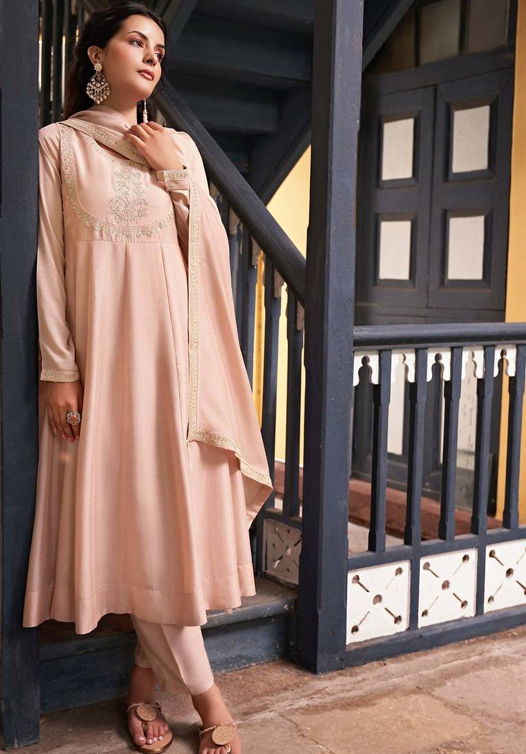 peach vichitra silk embroidered flared anarkali pant and dupatta set