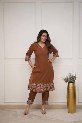brown floral embroidered cotton kurta with trouser 1