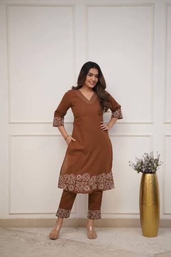 brown floral embroidered  cotton kurta with trouser