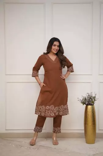 brown floral embroidered  cotton kurta with trouser