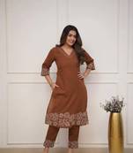 brown floral embroidered  cotton kurta with trouser
