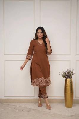 brown floral embroidered cotton kurta with trouser 2