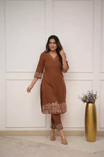 brown floral embroidered  cotton kurta with trouser