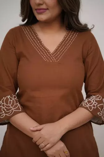 brown floral embroidered  cotton kurta with trouser