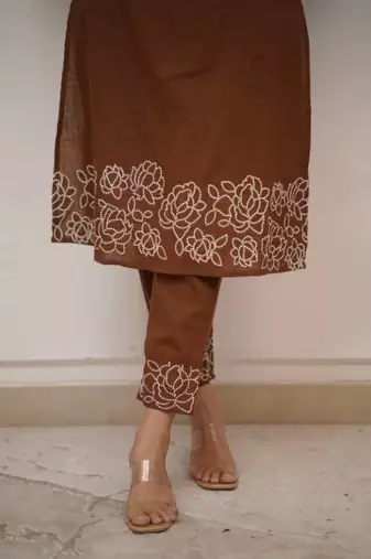 brown floral embroidered  cotton kurta with trouser