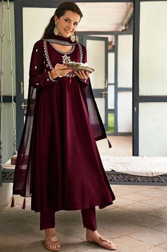 maroon vichitra silk embroidered flared anarkali pant and dupatta set