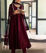 maroon vichitra silk embroidered flared anarkali pant and dupatta set