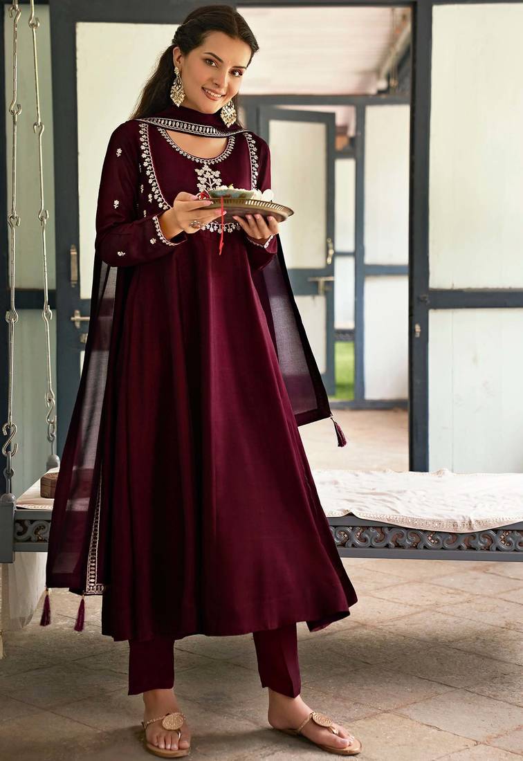 maroon vichitra silk embroidered flared anarkali pant and dupatta set