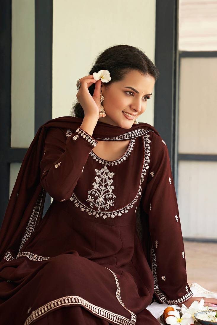maroon vichitra silk embroidered flared anarkali pant and dupatta set
