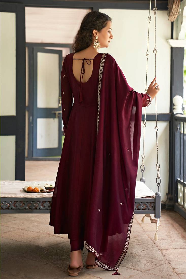 maroon vichitra silk embroidered flared anarkali pant and dupatta set