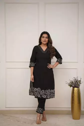 black floral embroidered  cotton kurta with trouser