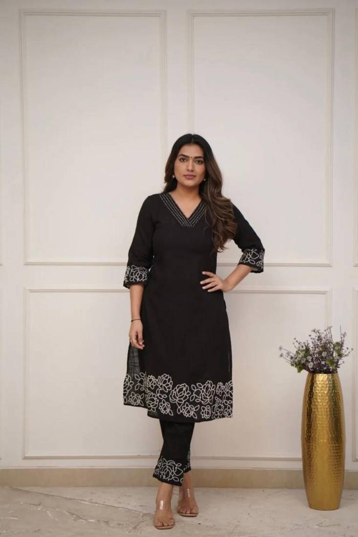 black floral embroidered  cotton kurta with trouser