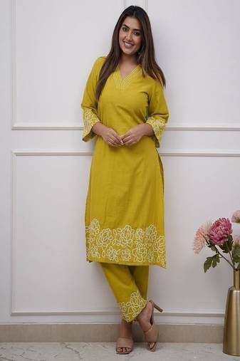 yellow floral embroidered  cotton kurta with trouser