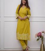 yellow floral embroidered  cotton kurta with trouser