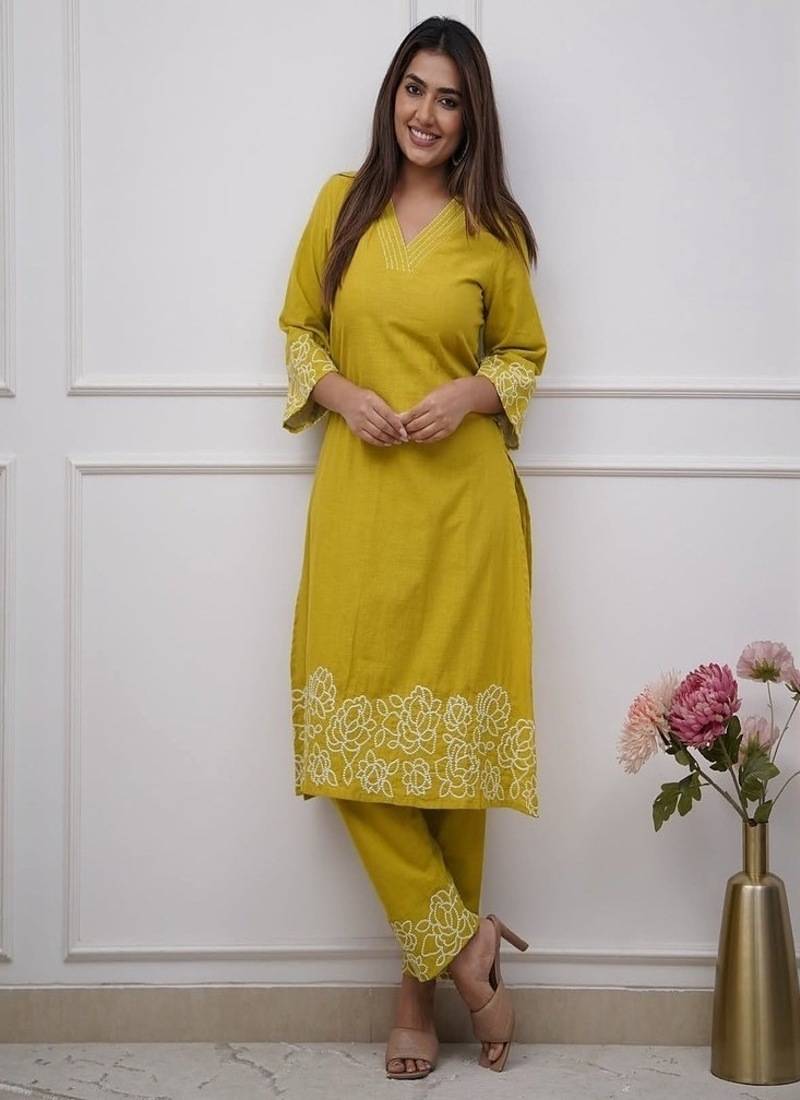 yellow floral embroidered  cotton kurta with trouser