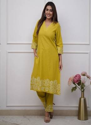yellow floral embroidered  cotton kurta with trouser 2