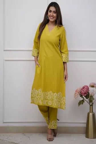 yellow floral embroidered  cotton kurta with trouser