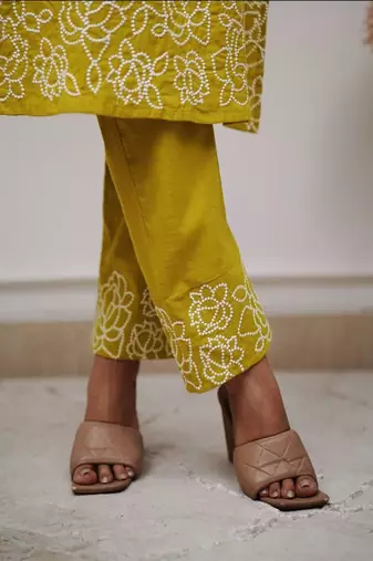 yellow floral embroidered  cotton kurta with trouser