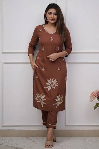 brown floral embroidered  cotton kurta with trouser