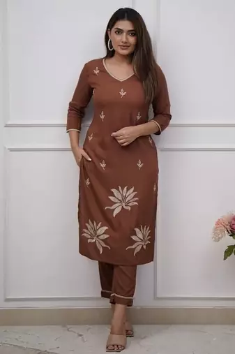 brown floral embroidered  cotton kurta with trouser
