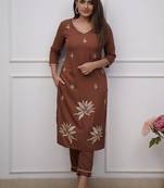brown floral embroidered  cotton kurta with trouser