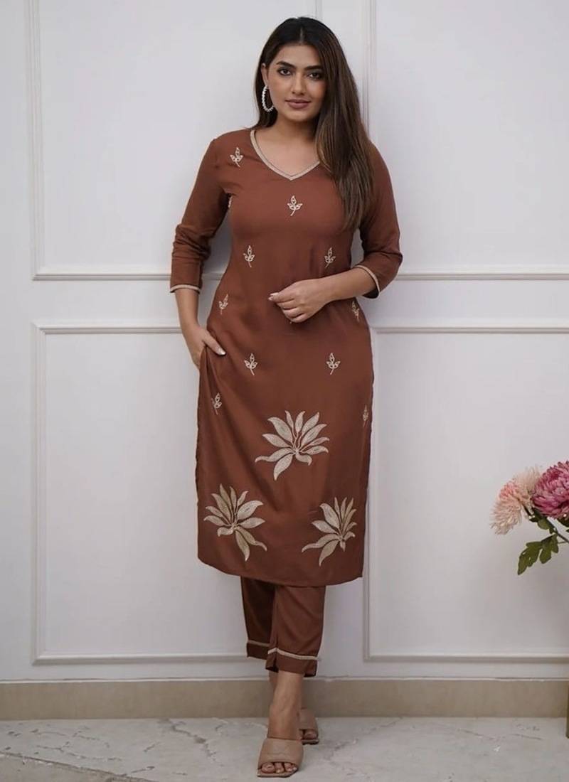 brown floral embroidered  cotton kurta with trouser