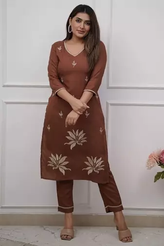 brown floral embroidered  cotton kurta with trouser
