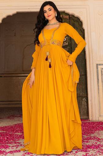 Stunning Yellow Embroidered Georgette Haldi Wear Gown With Dupatta