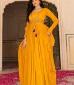Stunning Yellow Embroidered Georgette Haldi Wear Gown With Dupatta