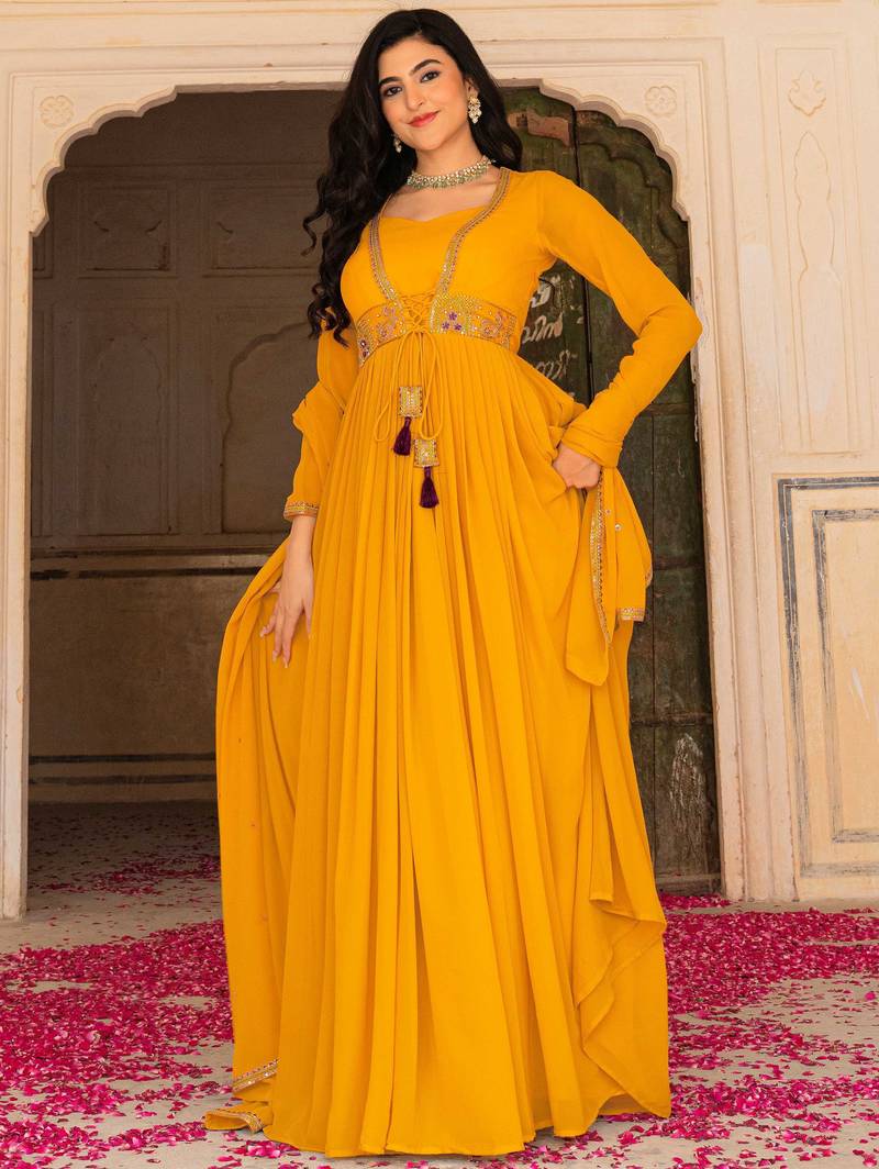 Stunning Yellow Embroidered Georgette Haldi Wear Gown With Dupatta