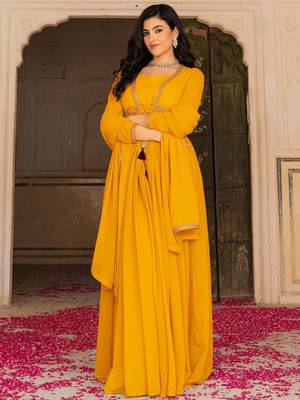 Stunning Yellow Embroidered Georgette Haldi Wear Gown With Dupatta 2