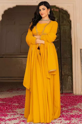 Stunning Yellow Embroidered Georgette Haldi Wear Gown With Dupatta