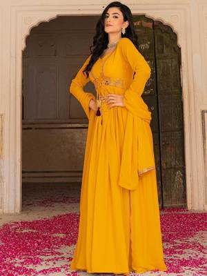 Stunning Yellow Embroidered Georgette Haldi Wear Gown With Dupatta 3