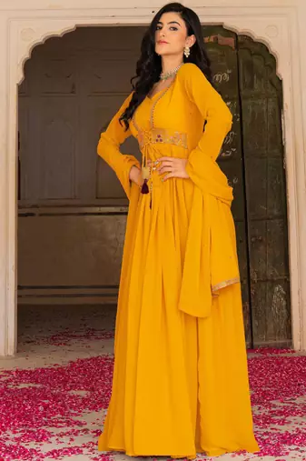 Stunning Yellow Embroidered Georgette Haldi Wear Gown With Dupatta