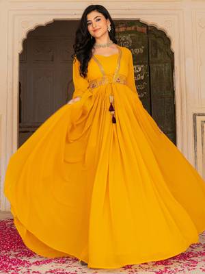 Stunning Yellow Embroidered Georgette Haldi Wear Gown With Dupatta 4