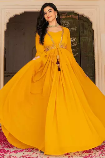 Stunning Yellow Embroidered Georgette Haldi Wear Gown With Dupatta