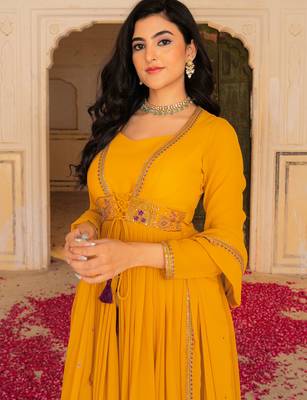 Stunning Yellow Embroidered Georgette Haldi Wear Gown With Dupatta 5