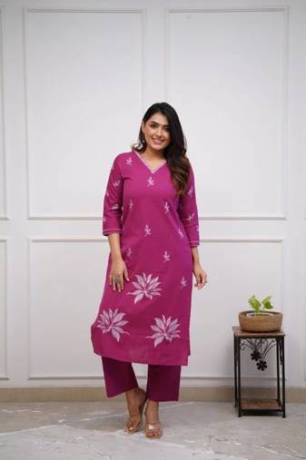 pink floral embroidered  cotton kurta with trouser