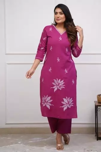 pink floral embroidered  cotton kurta with trouser