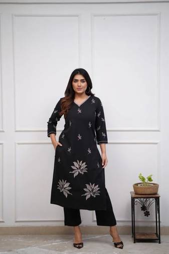 black floral embroidered  cotton co-ord set