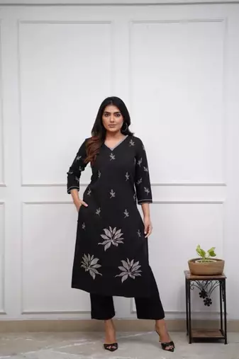black floral embroidered  cotton co-ord set