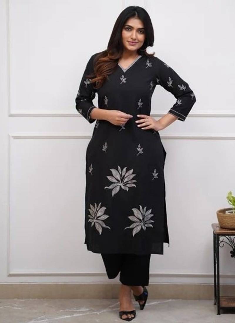 black floral embroidered  cotton co-ord set