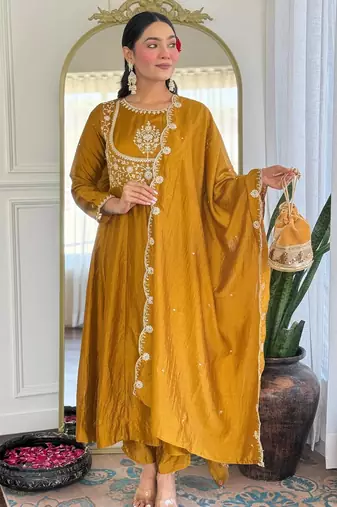 yellow vichitra silk embroidered flared anarkali pant and dupatta set