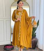 yellow vichitra silk embroidered flared anarkali pant and dupatta set