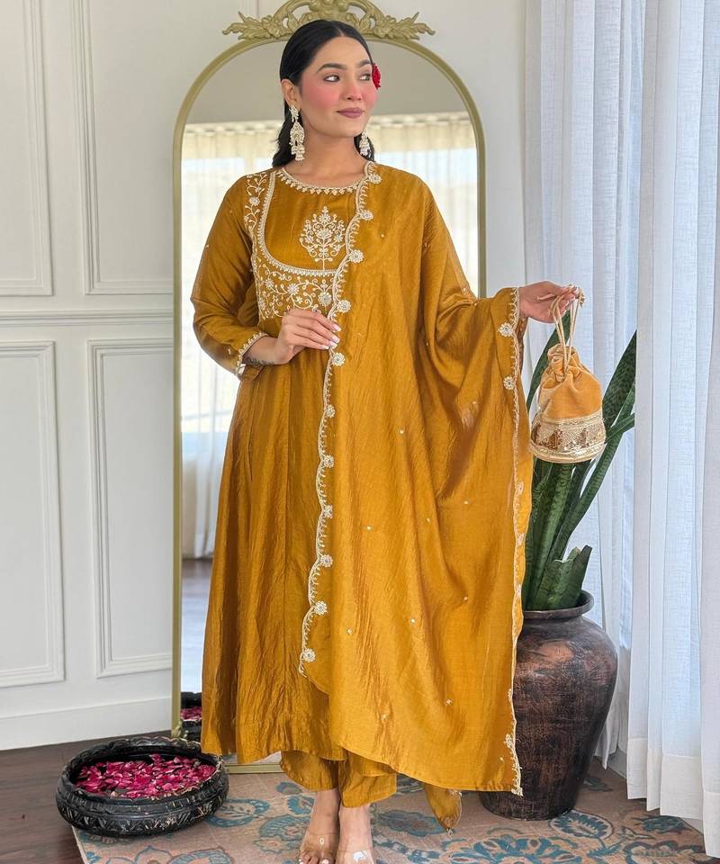 yellow vichitra silk embroidered flared anarkali pant and dupatta set
