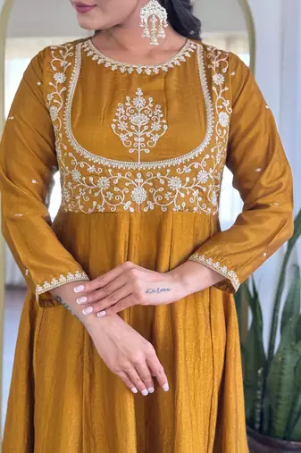 yellow vichitra silk embroidered flared anarkali pant and dupatta set