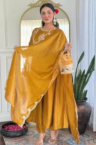 yellow vichitra silk embroidered flared anarkali pant and dupatta set