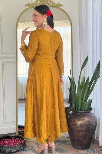 yellow vichitra silk embroidered flared anarkali pant and dupatta set