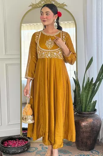 yellow vichitra silk embroidered flared anarkali pant and dupatta set