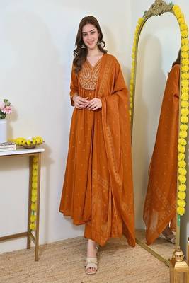 orange floral embroidered  cotton kurta with trouser and dupatta 1